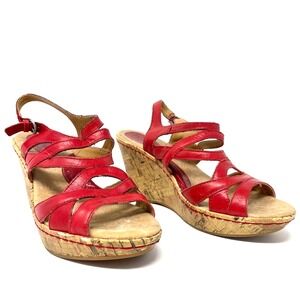 Born BOC Sandals Women Sz 8 / EU 39 Red Leather Strappy Slingback Wedge Sandals